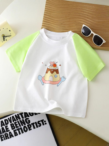 New Korean-style printed short-sleeve T-shirt for girls—summer, trendy, color-blocked, raglan-shoulder pullover—short-sleeve top for little girls