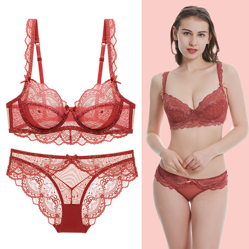 Large size set, women's sexy lace lingerie underwear, gathered adjustable bra_voghion.com