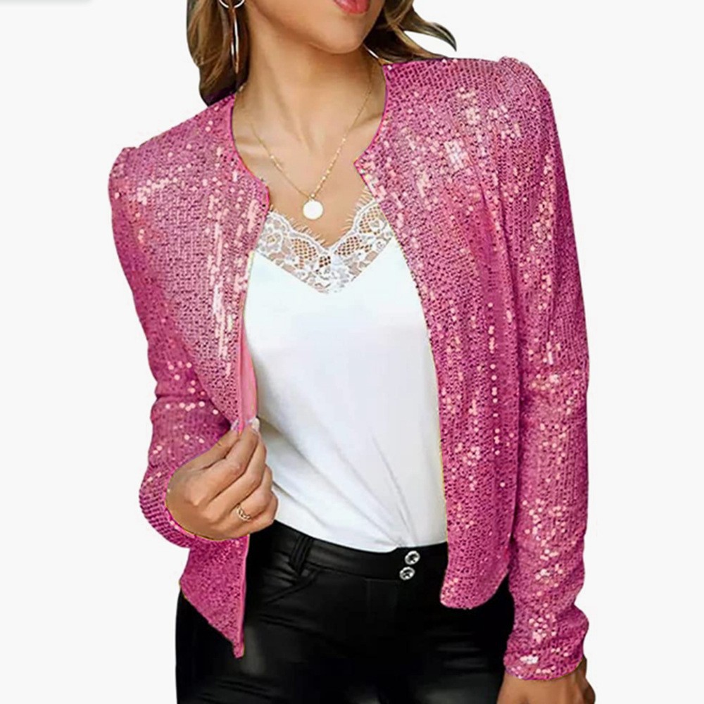 Chaqueta Corta de Mujer de Poliéster con Lentejuelas y Bloques de Color Casual