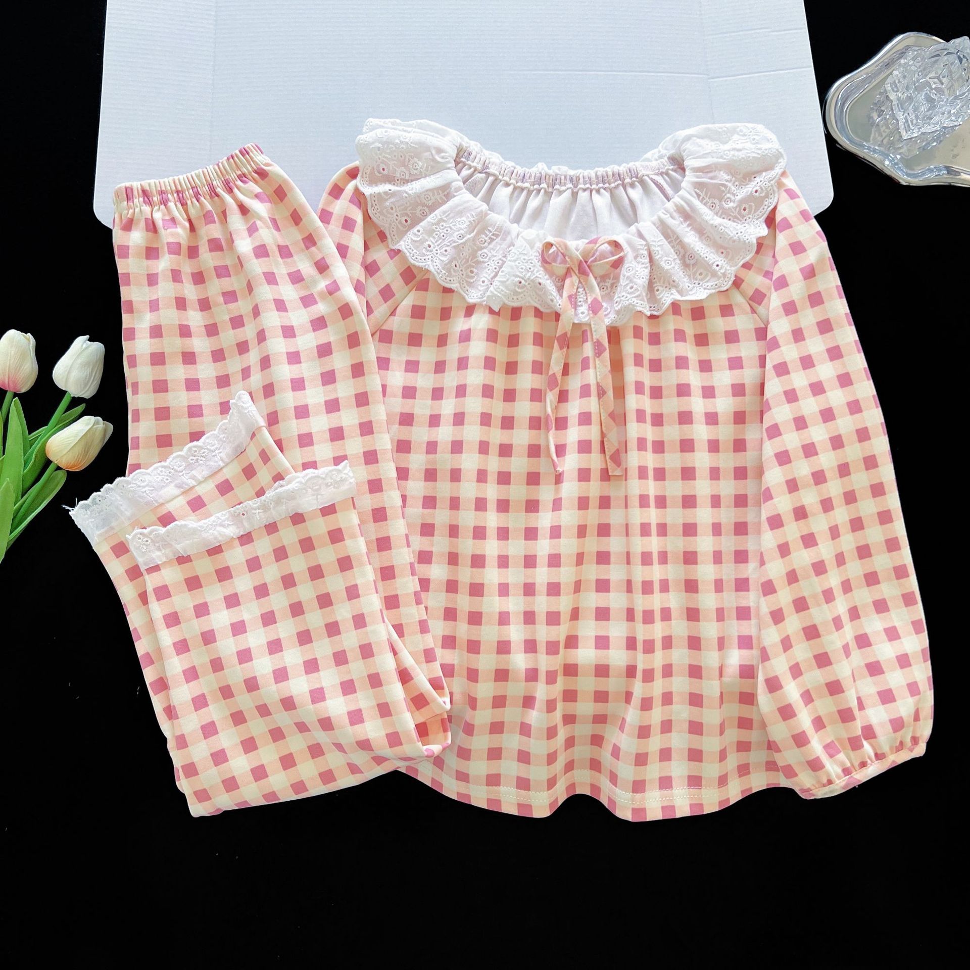 2025 Kidsren's Pajamas Long-Sleeved Doll Collar Lace Suit Family Wear Mother-Daughter Medium and Large Kidsren Imitation Cotton Home Clothes Outer Wear