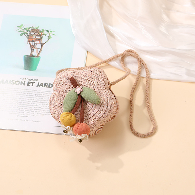 夏の海辺の子供用バッグ、スカート付きのかわいいチェリー織り、休暇用の麦わらバッグ、女の子の携帯電話のクロスボディバッグ|undefined