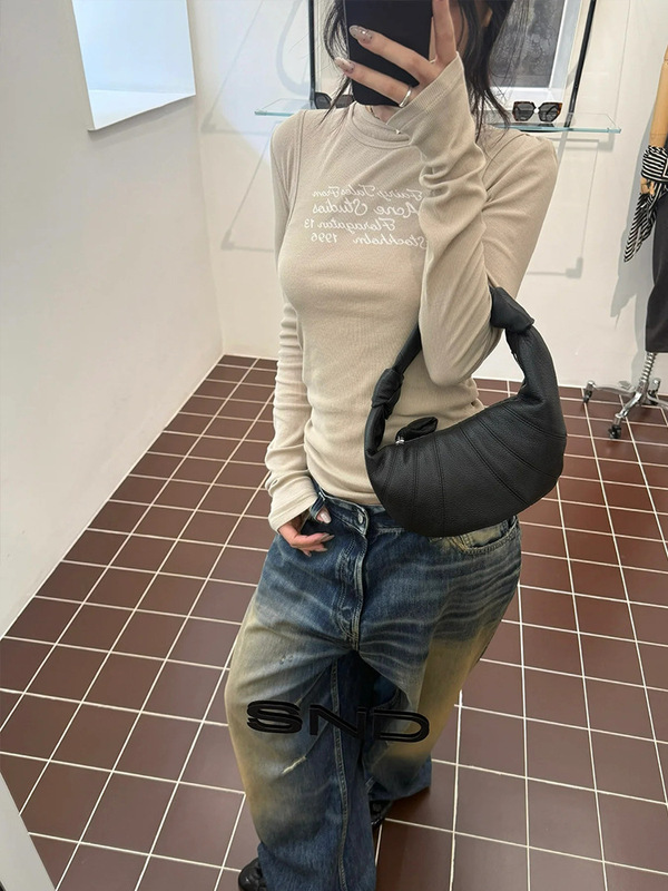 跨境ACNE长袖25ss春秋假两件修身内搭打底辣妹风正肩纯棉T恤上衣|undefined