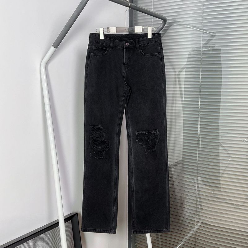 HOUSE25 春夏 ダメージ加工 リップド リーフル 色あせウォッシュ ストレート ジーンズ レディース|undefined