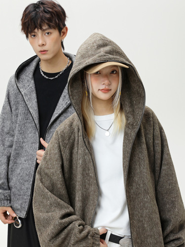 Mohair hooded coat, men's autumn and winter lazy woolen jacket, fashion brand, couples 'loose American retro sweaters q