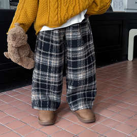 顽兔2025男童冬款时尚卡其格子中大童呢子裤百搭加绒加厚儿童裤子