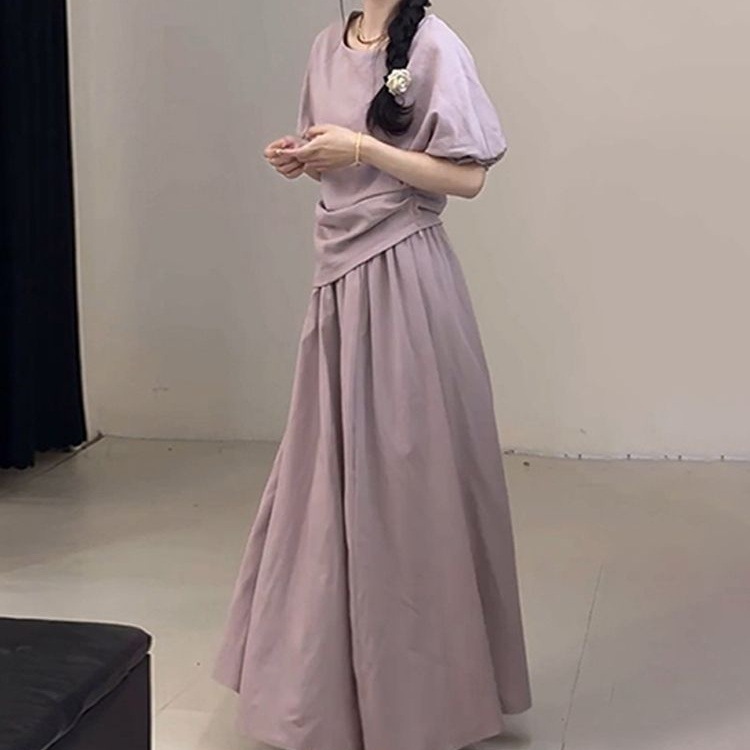 女性のためのハイエンドの小さな紫色のドレス夏 2025 新しい夏のリラックスしたウェアスーツロングスカート|undefined