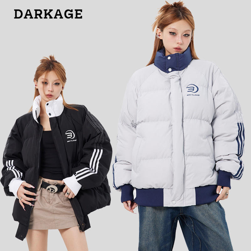 American-Style Side-Striped Cotton Jacket for Men and Women, Winter High Street Retro Thickened Puffer Jacket