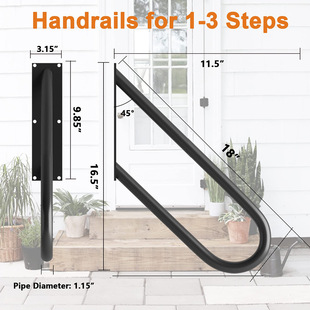 U-Shaped Stair Handrail Black Iron Wall-Mounted Step Handrail Bathroom Porch Garage Stair Safety Handrail