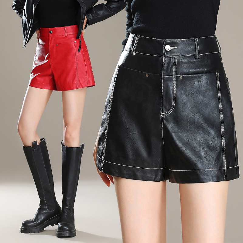 2025 Autumn/Winter Genuine Leather Shorts for Women, Brand High-Waisted Straight-Leg Boot Shorts, Plus Size Versatile Sheepskin Wide-Leg Shorts for Women