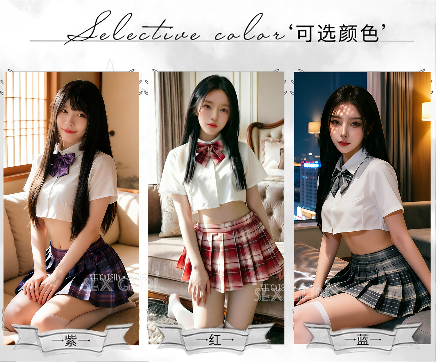 Student-Style Roleplay Lingerie Set with Plaid Skirt, Top, Bow Tie, Thong and Stockings — detail image 7