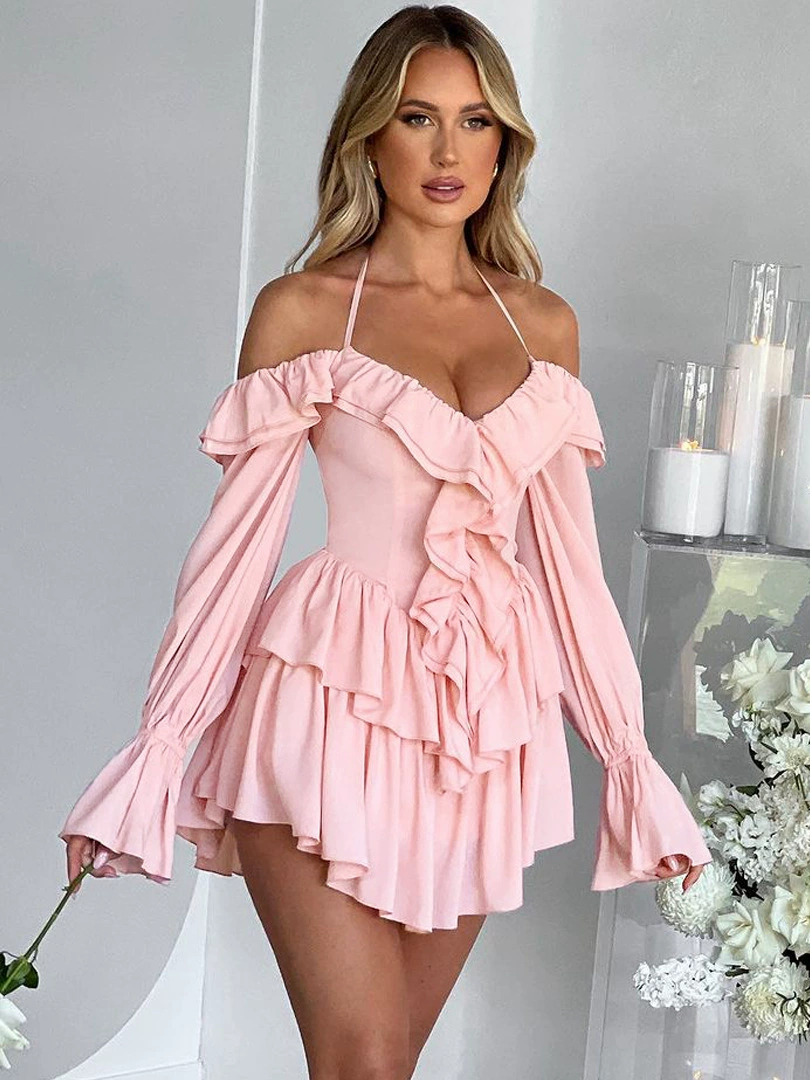 Свадебное/halter off-shoulder мини-платье, европейский стиль, воланная летняя комбинация, 83% полиэстер