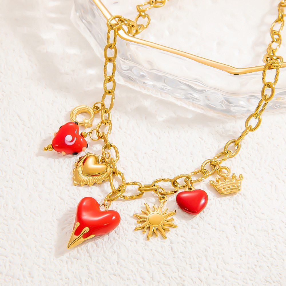 Casual, Daily Occasion Wholesale Jewelry IG Style Sun Heart Shape Crown 304 Stainless Steel 18K Gold Plated Enamel Plating Pendant Necklace