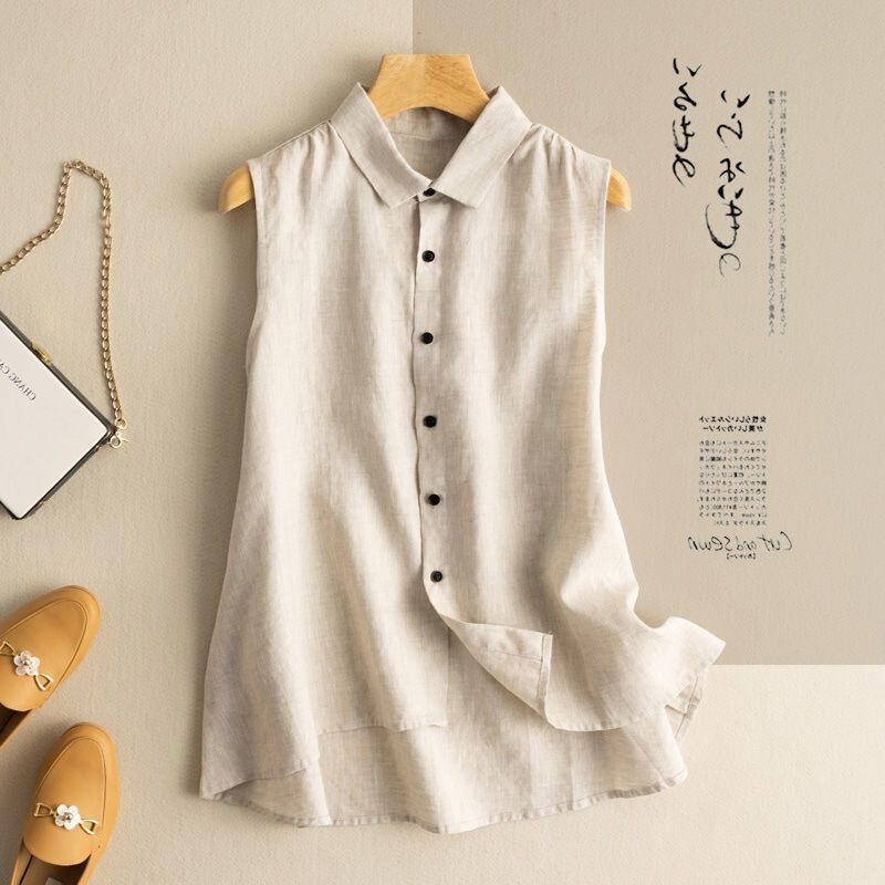 Cross-Border Summer Hot-Selling Cotton and Linen T-Shirt Vest Top, Loose Buttoned Thin New Chinese Style Cotton and Linen Sleeveless Shirt for Women