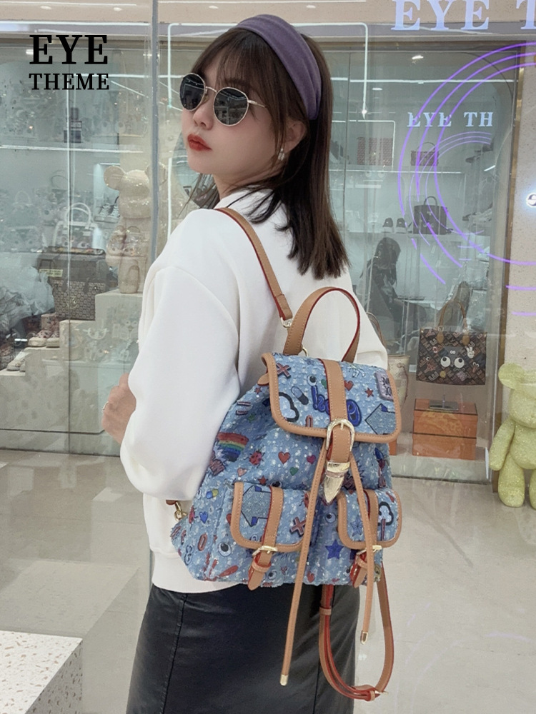Color de contraste de flip de gran capacidad de bolsillo independiente de denim bolsas bordadas de viaje de estudiantes impresión 2711 #