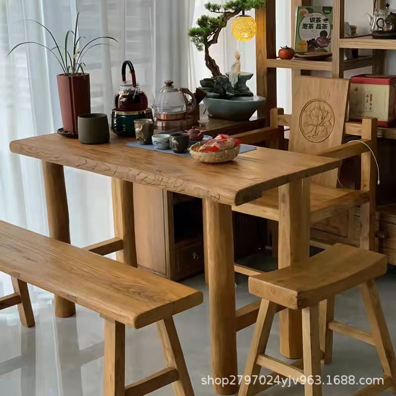 工厂供应榆木板材新中式老榆木禅意茶道桌旧门板拼花榆木桌