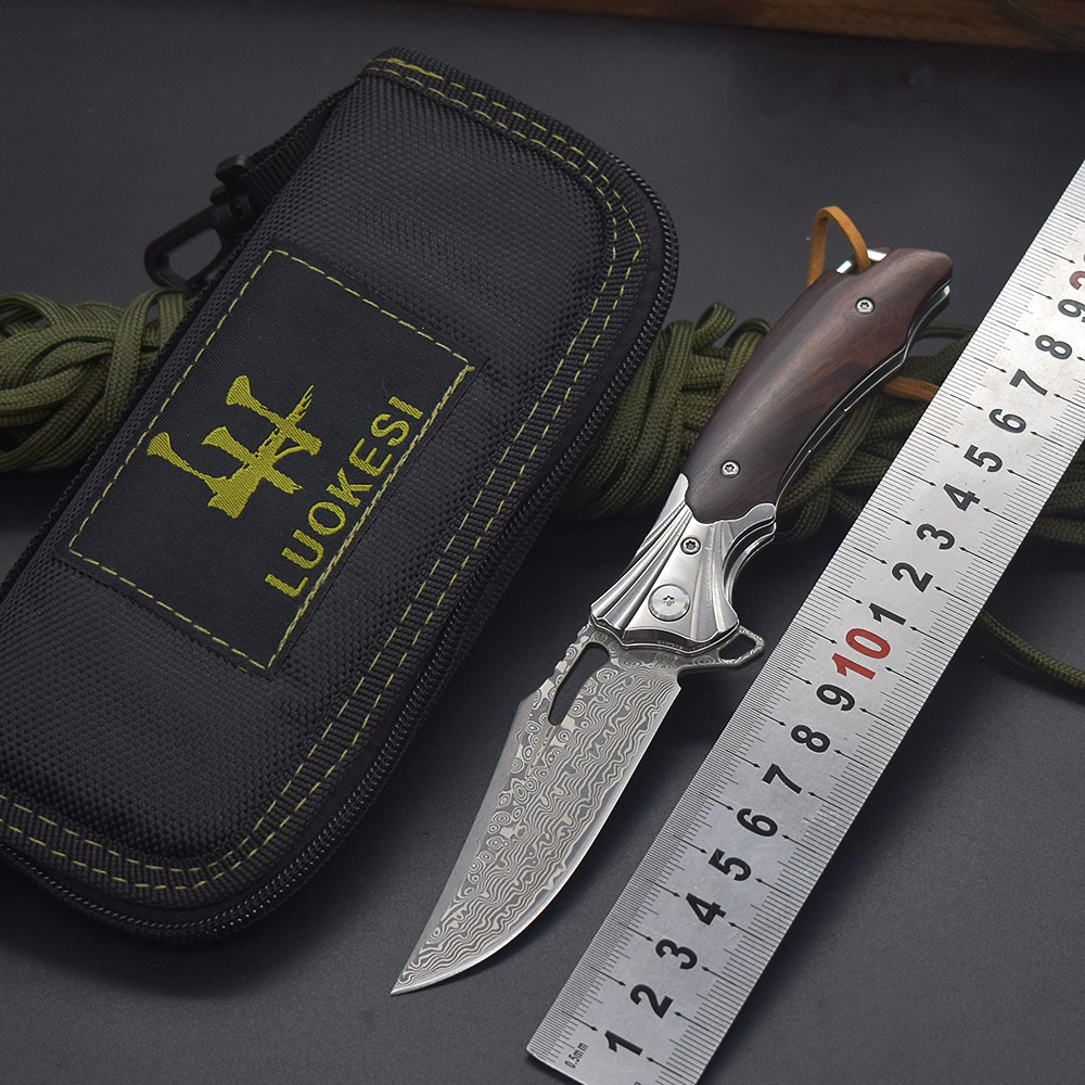 LUOKESI快开折叠刀VG10大马士革户外野营战术防身求生水果折叠刀