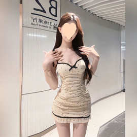 蝴蝶结辣妹波点设计吊带显瘦连衣裙夏季蕾丝纯欲褶皱修身腰包短裙
