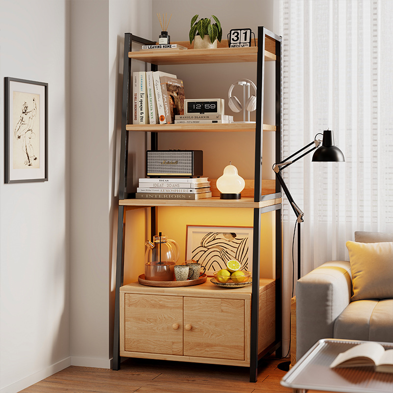 Estante de madera sólida sala de estar armario trapezoidal armario de almacenamiento estante de libros doméstico piso estante de almacenamiento multicapa con puerta armario de almacenamiento