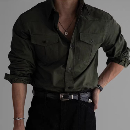 Dropshipping Tough Guy Workwear Shirt with Double Pocket Design, Men's Spring and Autumn Shirt, High-End Army Green Jacket, Trendy Dropshipping Tough Guy Workwear Shirt with Double Pocket Design, Men's Spring and Autumn Shirt, High-End Army Green Jacket, Trendy