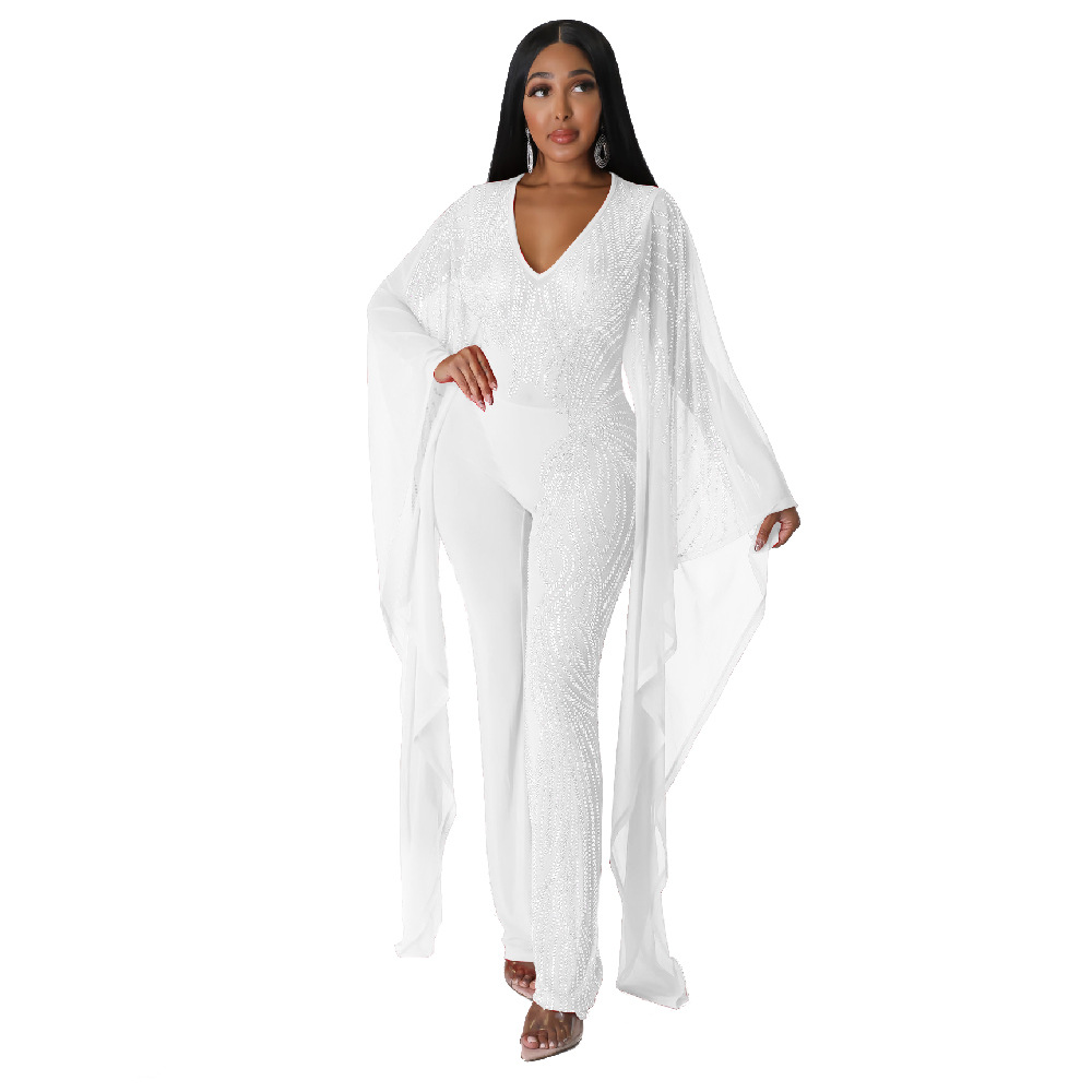 9276 europeo y americano Amazon moda cuello en V Batwing manga perspectiva rhinestone sexy nightclub party jumpsuit sin forro