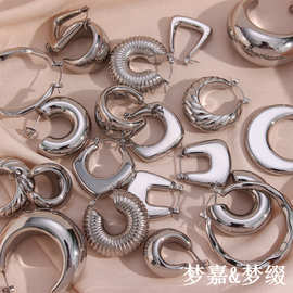 欧美ins时尚简约钻石切面银色耳圈女小众轻奢不锈钢空心耳环饰品
