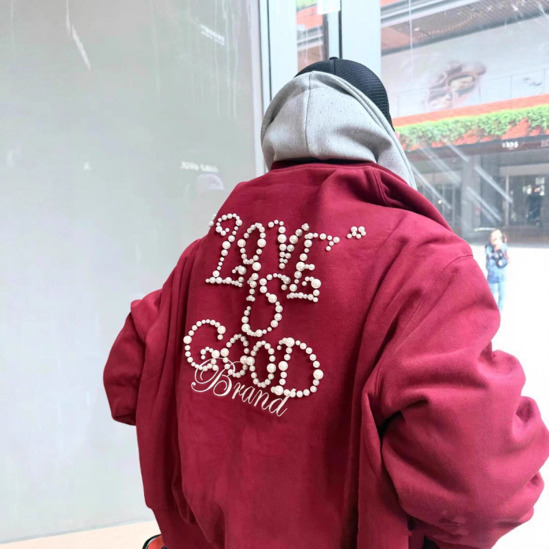 25ss小众潮牌GOOD老白珍珠短款时尚棒球领开衫夹克外套男女同款|undefined