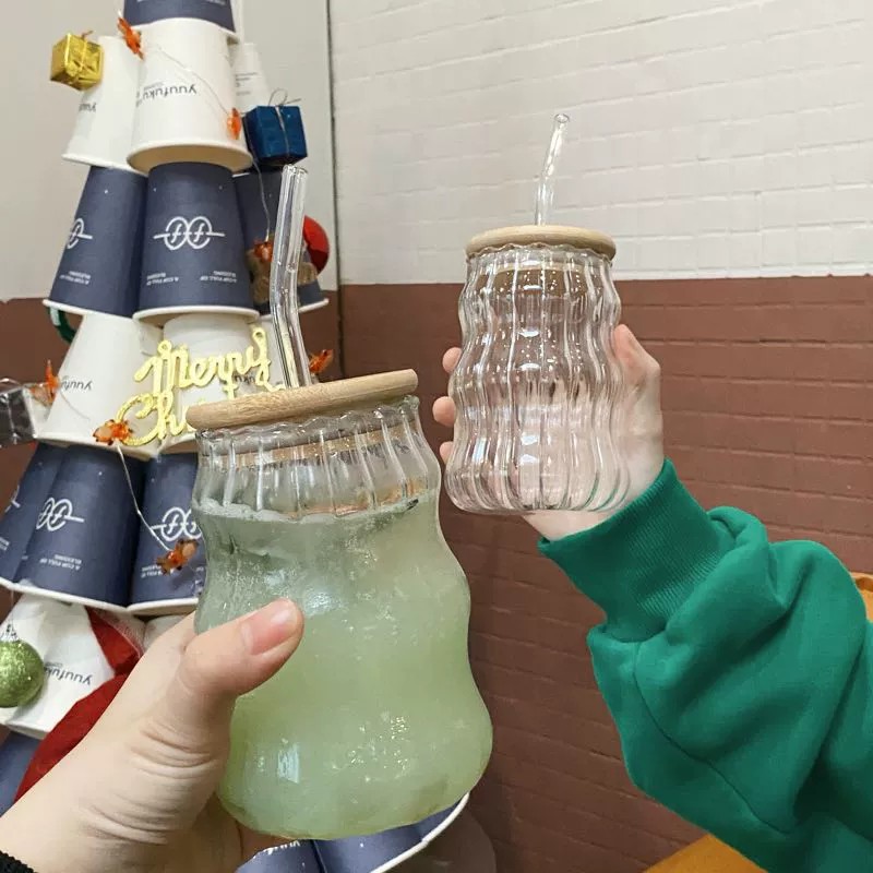 Borosilicato de vidrio a rayas Caterpillar taza de paja taza de café de leche de alta apariencia con tapa y taza de jugo de paja