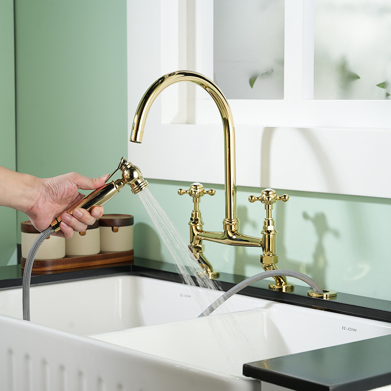 French retro bridge kitchen faucet all copper double hole rotatable sink faucet with spray gun ceramic handle