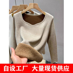 一体型のベルベット生地、裏起毛で厚手のニットセーター、女性用冬用2025年新作、ローネックのインナーウェア