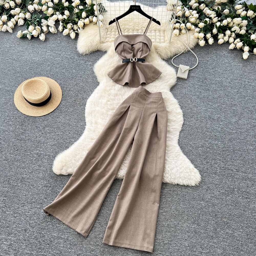 Minimalist Style Women's Commuter Suit Spring Summer High End Two Piece Set Camisole Fitted Waist Vest High Waisted Wide Leg Pants_voghion.com