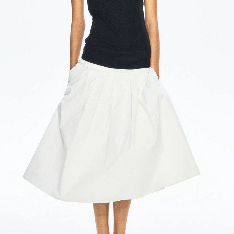 In Stock Rarel Summer Wide-Waist Floral Skirt for Women, High-Waisted, Large Hem with Pockets, Black Mid-Length Skirt