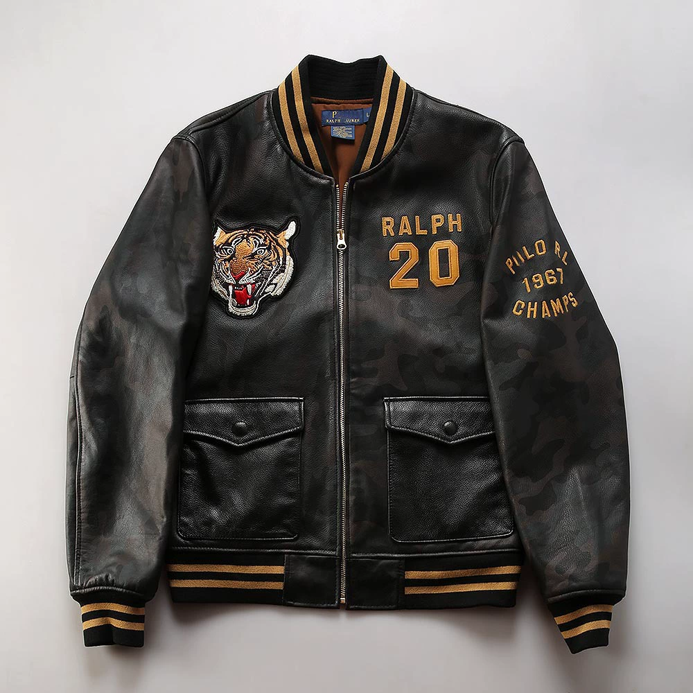 Baseball uniform, leather jacket, genuine leather, with embroidery