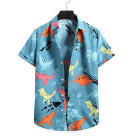外贸欧码2021夏装新款男士沙滩花衬衣卡通动物图案夏威夷衬衫TF34