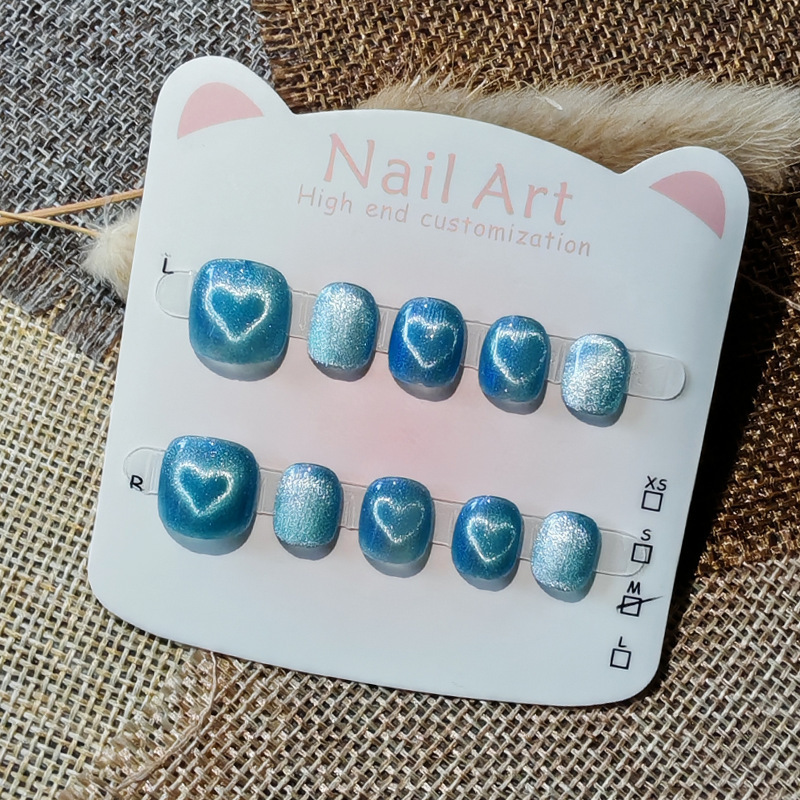 Blue Heart Cat-Eye Children's Nail Stickers for Ages 3-6-10, High-End Handmade Nails for Little Girls, Simple Style Blue Heart Cat-Eye Children's Nail Stickers for Ages 3-6-10, High-End Handmade Nails for Little Girls, Simple Style
