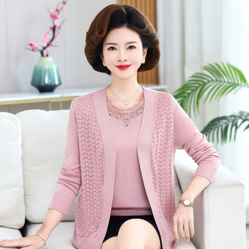 Mother's Day Clothes Spring and Summer Knitwear Cardigan Western Style Women's Clothing for Middle-aged and Elderly Ice Silk Two-piece Fashionable Top