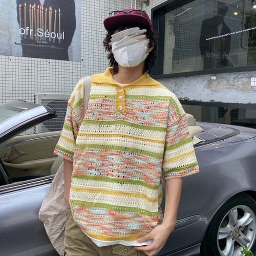 Women's Striped Gradient Lacing Polo Shirt with Vintage Short Sleeve Casual American Style Knit Collar Top