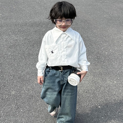 Children's Boys Shirt 2023 Spring and Autumn New Korean Version Long-Sleeve Embroidered Shirt Fashion Innerwear Children's Clothing Drop-Shipped One Piece