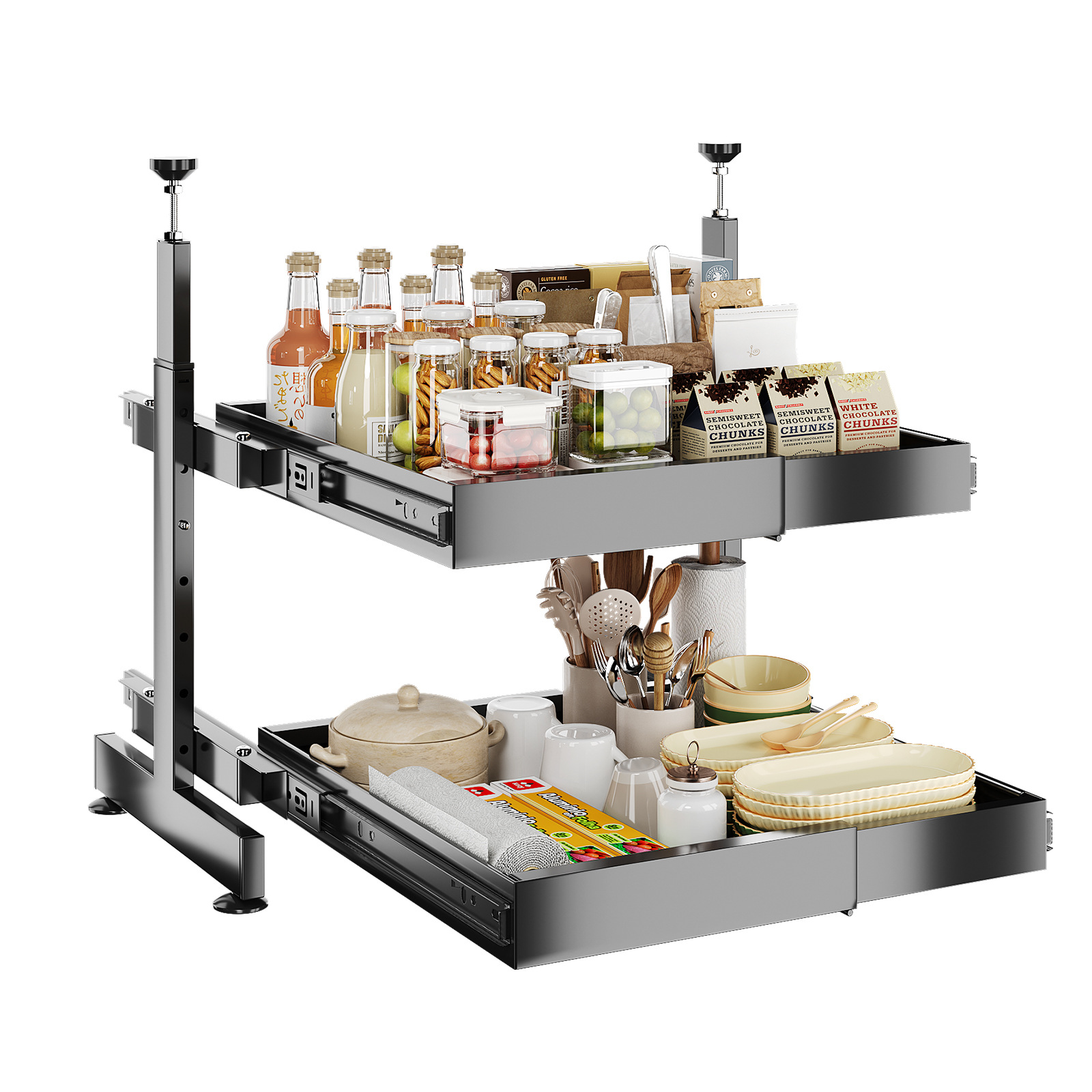 Estante de almacenamiento de platos debajo del gabinete de cocina con cajón incorporado estante de platos tipo extracción de capas sin agujeros de perforación cesta de extracción telescópico