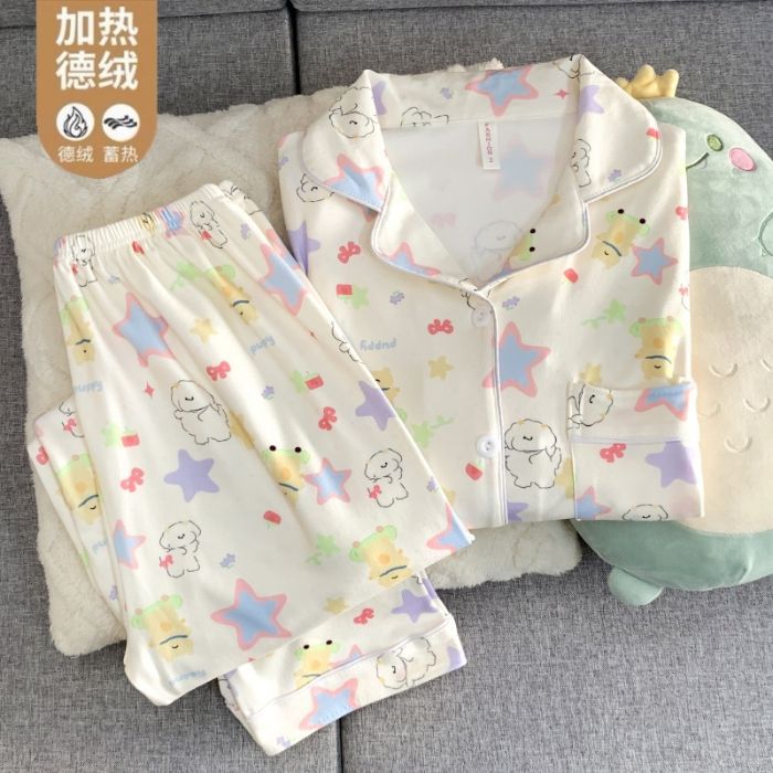 Al por mayor transfronterizo otoño y invierno explosión de ternilla caliente pijama de manga larga mujer traje dulce cardigán de dibujos animados con solapa ropa para el hogar