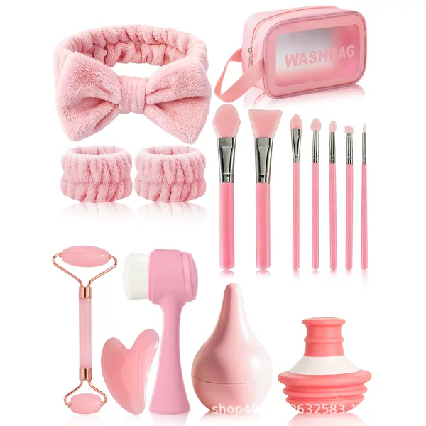 Cross-border beauty tools: hair tie bag, silicone brush, facial cleansing brush, oil-absorbing ball, jaw muscle exerciser, and a multi-piece makeup set