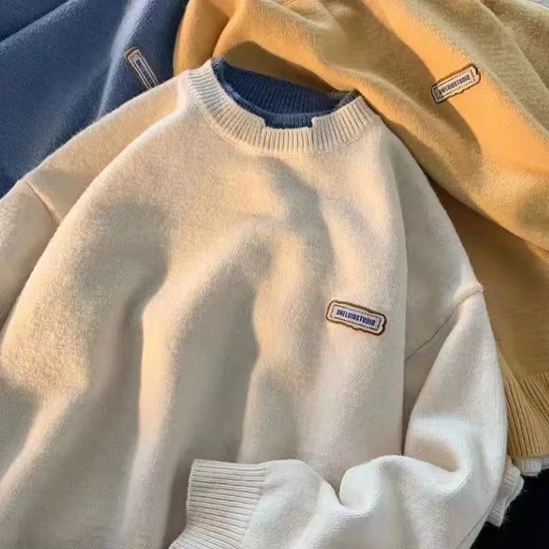 Pull à capuche en tricot de couleur unie polyvalent à col rond pour garçons, automne et hiver, nouveau style, marque tendance_voghion.com