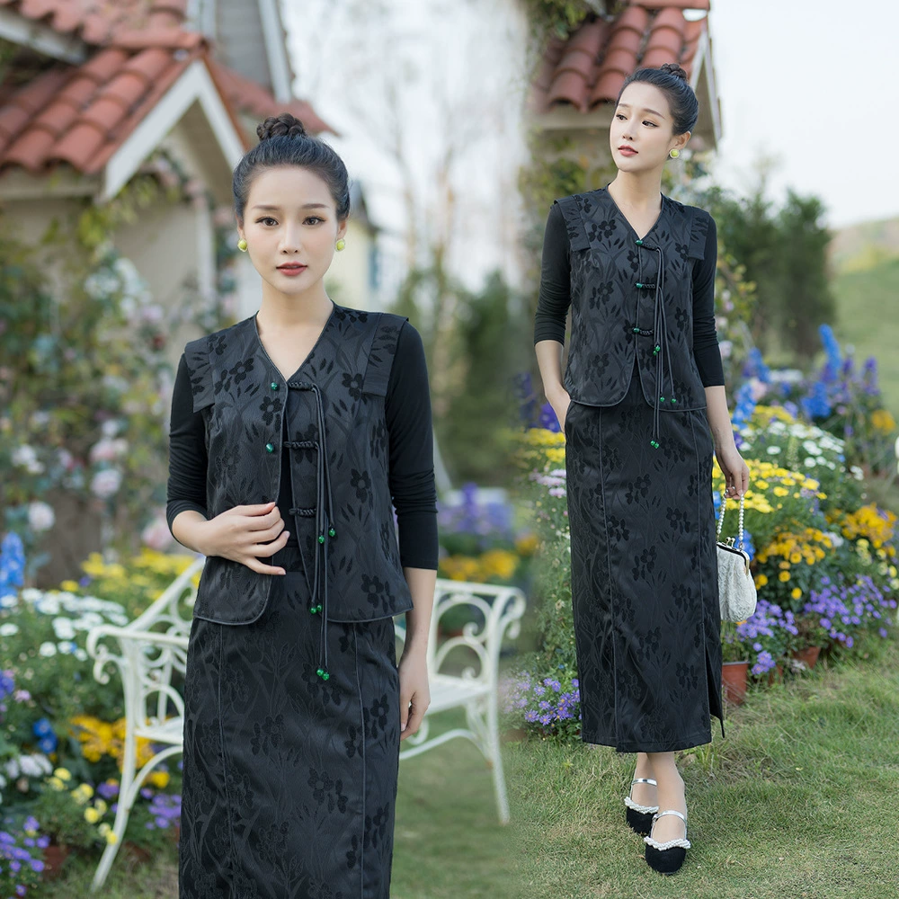 9110 Западный стиль мода новый китайский 2023 Весна Новое Мясное покрытие жаккардовый изысканный Повседневный жилет юбка костюм