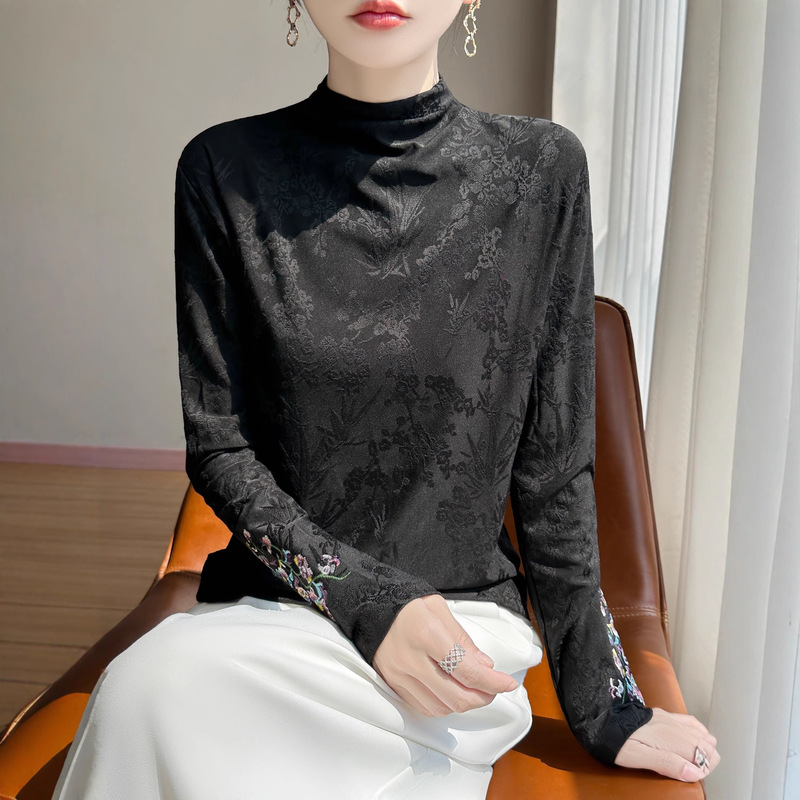 Half Turtleneck New Chinoiserie National Style Bottoming Shirt for Women Autumn and Winter Retro Casual Heavy Embroider Ethnic Style Long-Sleeved T-Shirt