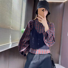复古针织马甲格子衬衫叠穿两件套女韩系穿搭漂亮减龄早秋上衣套装
