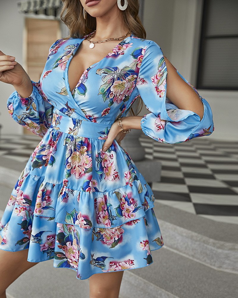European and American Amazon New Deep V Waist Invisible Zipper Split Lantern Sleeve Floral Dress