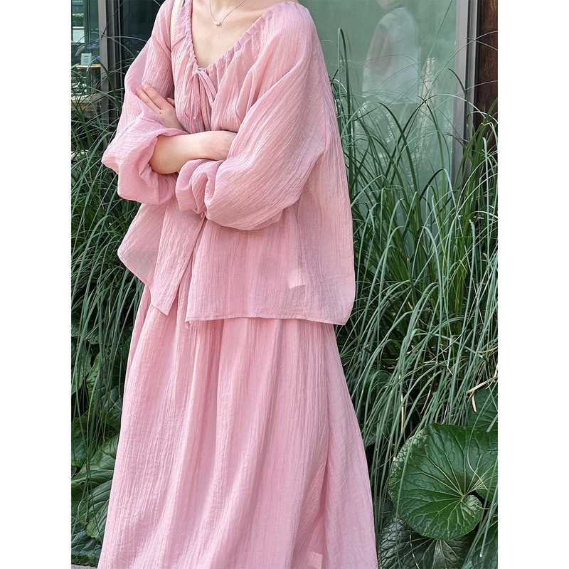 Lu Xi Gentle Elegant Drawstring Pleated Sun Protection Shirt + Skirt Two-Piece Holiday Style Suit 3238