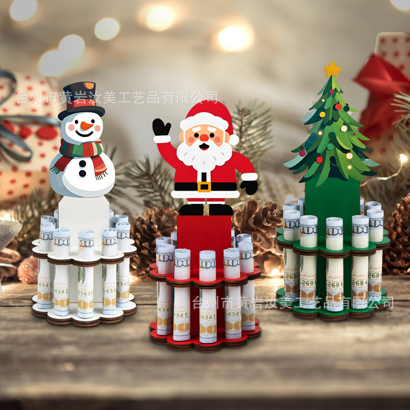 跨境圣诞节钱夹装饰品 创意圣诞老人雪人节日圣诞树木质钱袋摆件|undefined