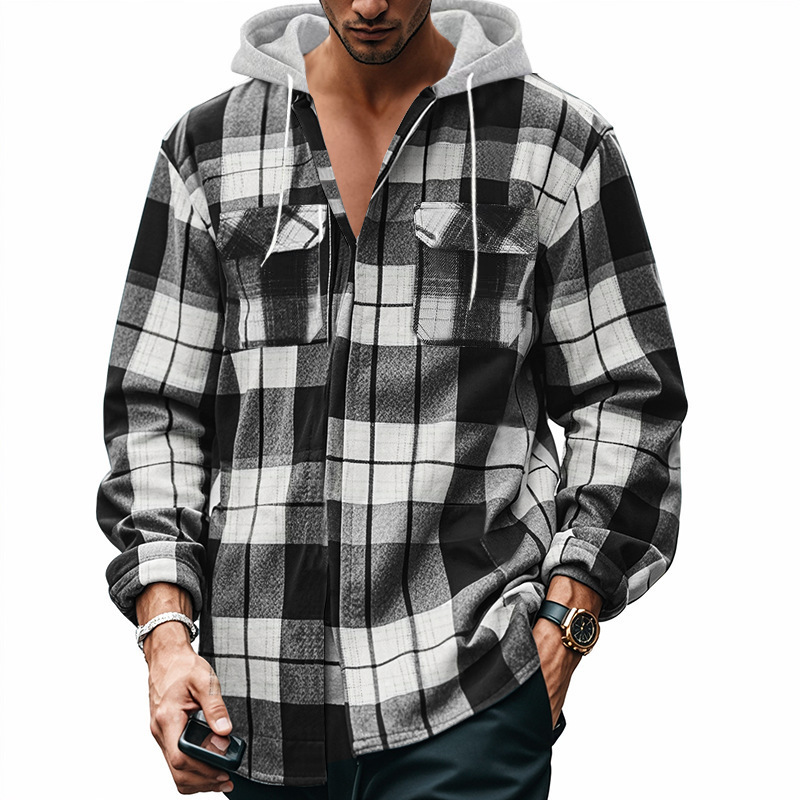 Autumn 2024 New Amazon Temu Explosions Loose Casual Flannel Jacquard Long Sleeve Hooded Plaid Shirt