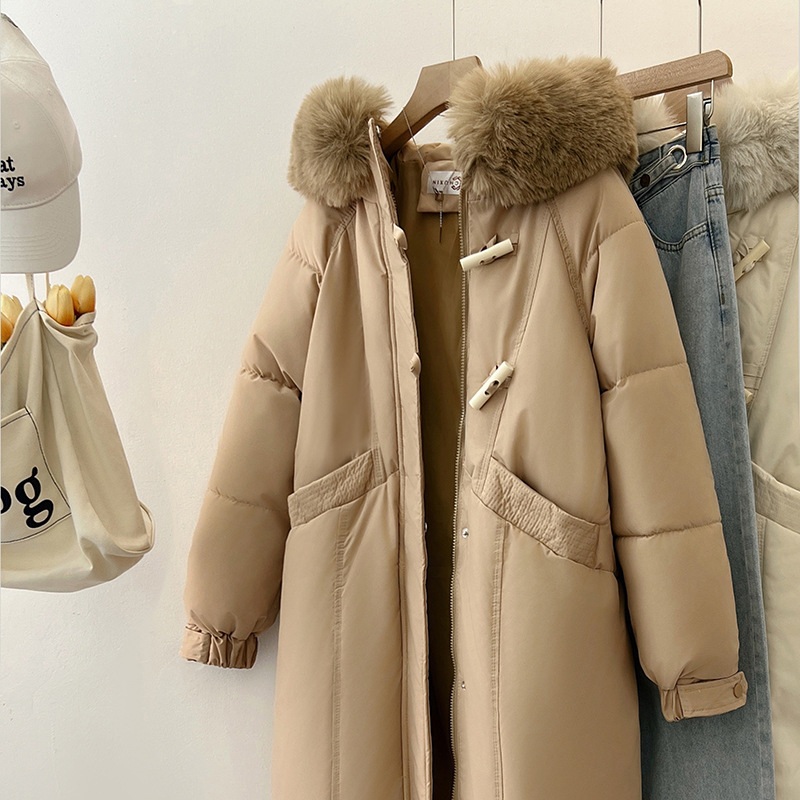 2024 Korean version women's Hong Kong long style over the knee student thick cow horn button cotton loose large fur_voghion.com