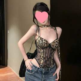 网纱连体豹纹吊带背心女夏美式热辣妹性感鱼骨抹胸小上衣绝美